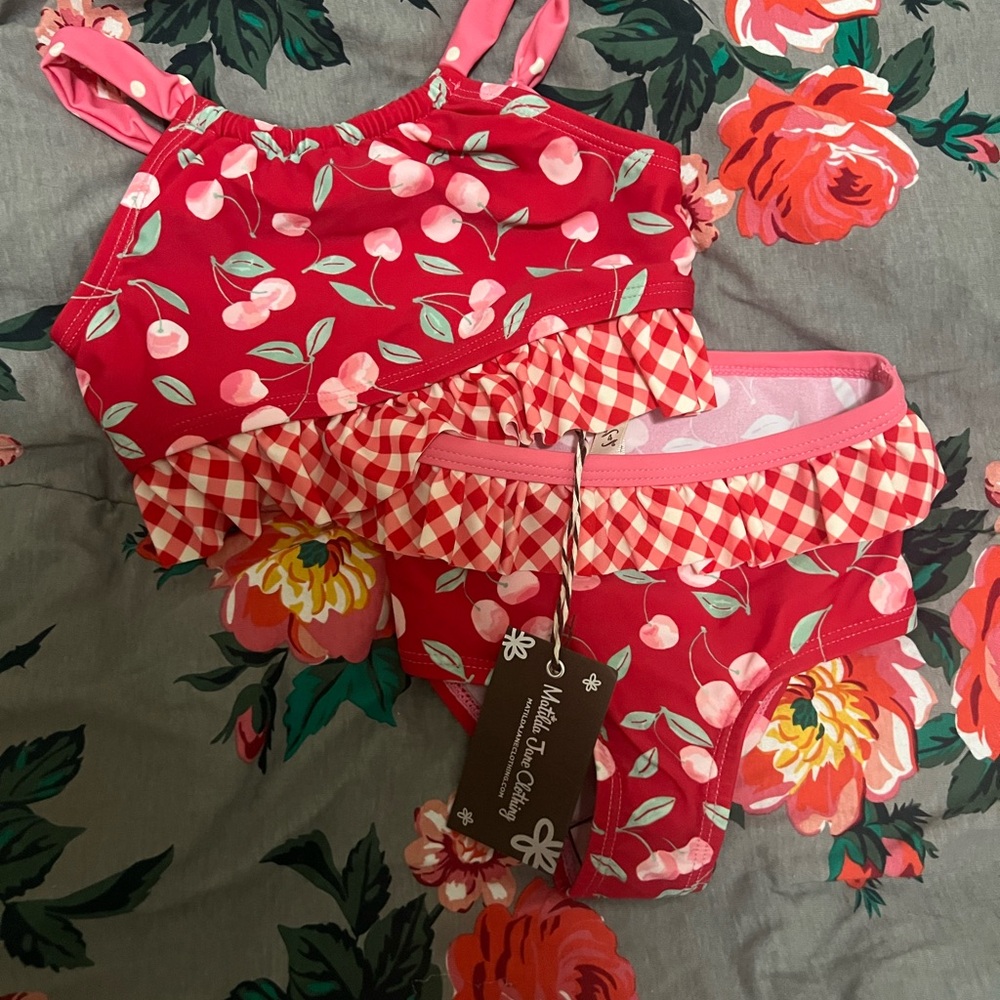 Cherry Print Red Swimsuit Set
